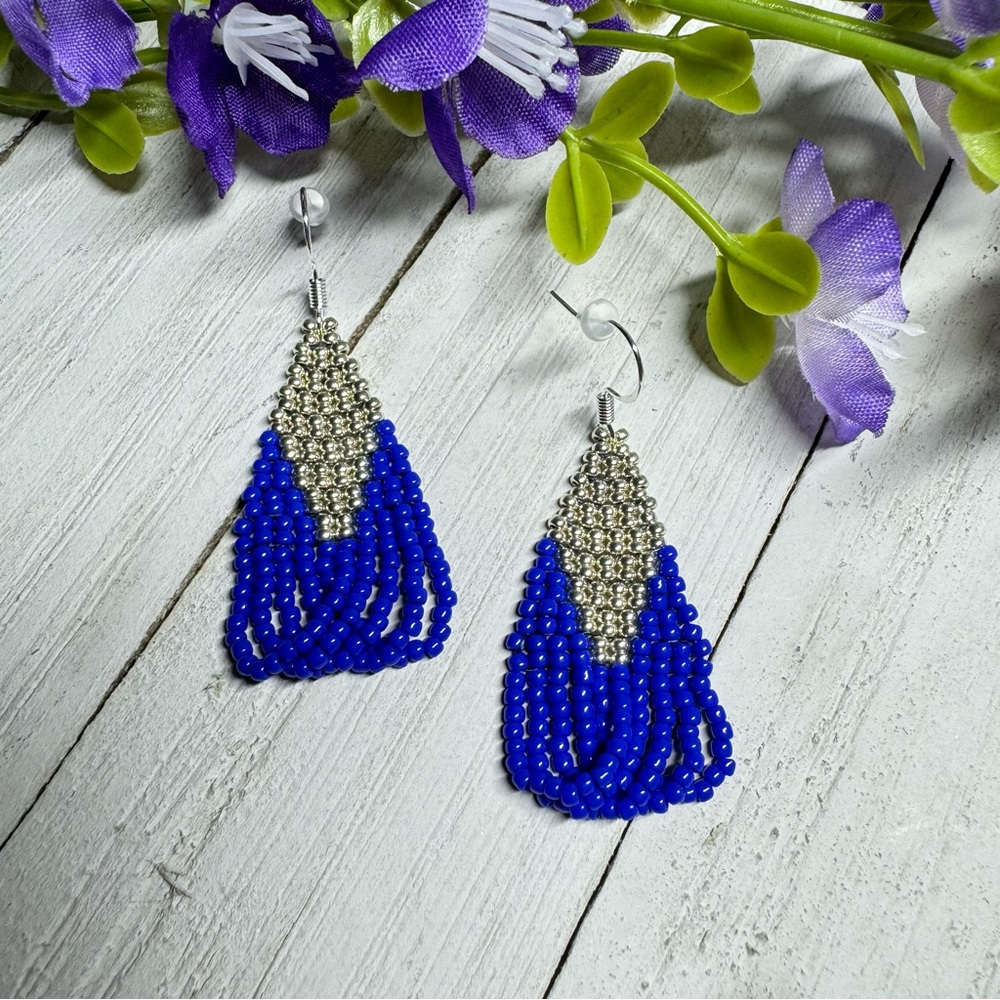 Blue Fringe Silver Handmade Seed Beaded Earrings Elegant Dangle Earrings